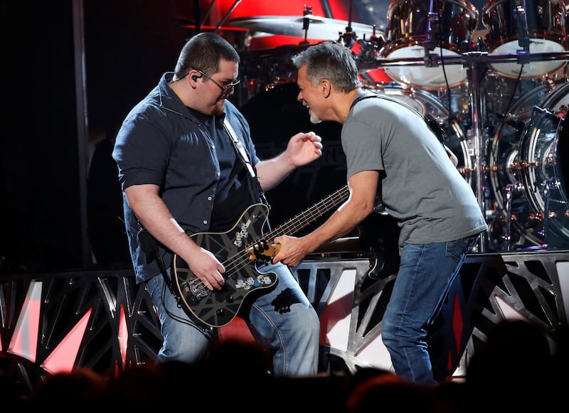 Wolfgang Van Halen performs "Panama" with his father Eddie Valen Halen (R) at the 2015 Billboard Music Awards in Las Vegas, Nevada May 17, 2015.  REUTERS/Mario Anzuoni