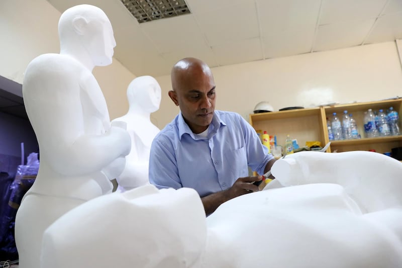 Dubai, United Arab Emirates - January 10th, 2018: Photo project. Sculptor Mark Ranasinghe crafts giant oscar sculptures out of polystyrene. Wednesday, January 10th, 2018 at Al Quoz, Dubai. Chris Whiteoak / The National