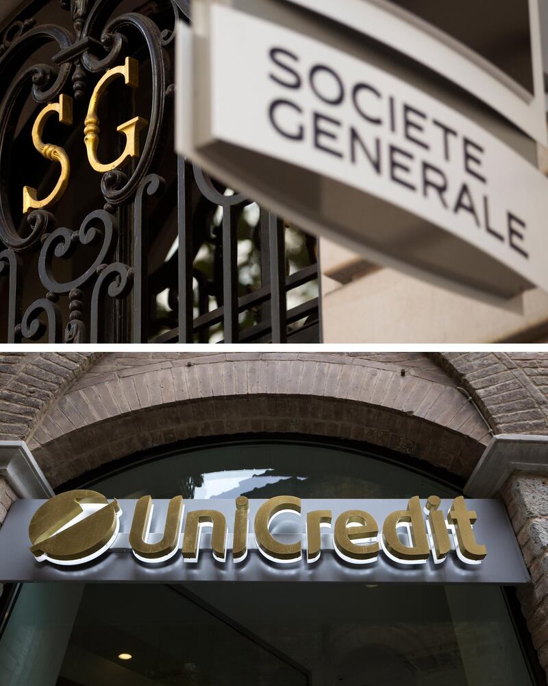 epa06785130 A composite image shows exterior view on logos of French bank Societe Generale (top, Paris, France 14 September 2011) and Italian bank UniCredit (bottom, Siena, Italy, 23 March 2016). Accordign to reports from 04 June 2018, shares Italian bank UniCredit and French bank Societe Generale were exploring a possible merger,  EPA/DSK