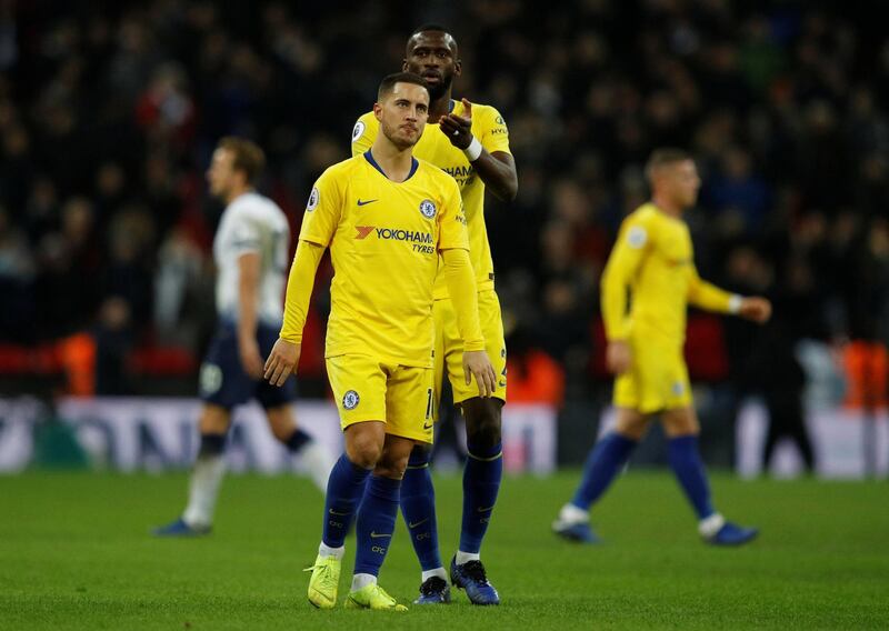 Soccer Football - Premier League - Tottenham Hotspur v Chelsea - Wembley Stadium, London, Britain - November 24, 2018  Chelsea's Eden Hazard looks dejected as teammate Antonio Rudiger applauds the fans after the match  REUTERS/Phil Noble  EDITORIAL USE ONLY. No use with unauthorized audio, video, data, fixture lists, club/league logos or "live" services. Online in-match use limited to 75 images, no video emulation. No use in betting, games or single club/league/player publications.  Please contact your account representative for further details.