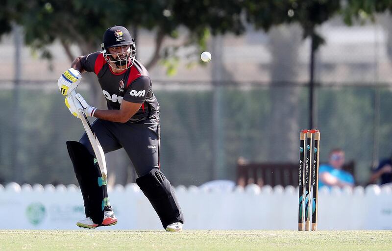 DUBAI , UNITED ARAB EMIRATES , JAN 11 – 2018 :- Adnan Mufti of UAE playing a shot during the one day international cricket match between UAE vs Ireland held at ICC Academy in Dubai Sports City in Dubai.  (Pawan Singh / The National) For Sports. Story by Paul Radley