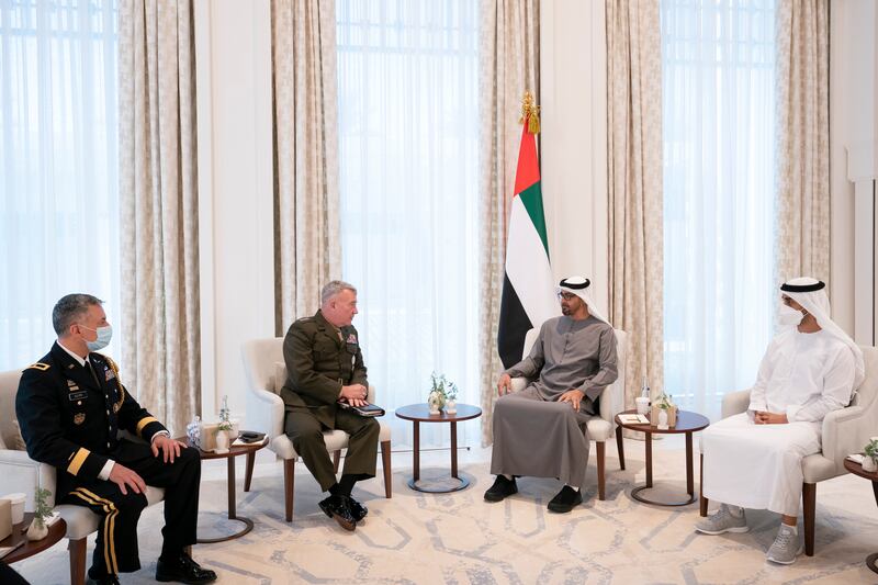 Sheikh Mohamed bin Zayed, Crown Prince of Abu Dhabi and Deputy Supreme Commander of the Armed Forces, meets US Central Command chief Gen Kenneth McKenzie at Qasr Al Shati. Sheikh Hamdan bin Mohamed was among the officials who attended the talks Ryan Carter / Ministry of Presidential Affairs