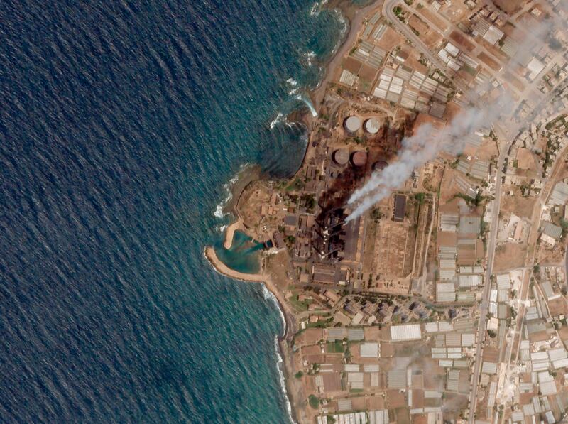 A satellite image shows the oil spill off the coast of Syria. Planet Labs Inc via AP