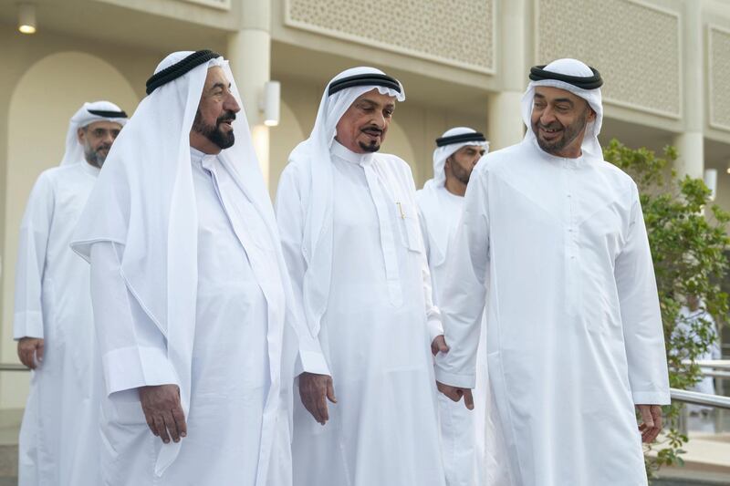 ABU DHABI, UNITED ARAB EMIRATES - October 02, 2019: (R-L) HH Sheikh Mohamed bin Zayed Al Nahyan, Crown Prince of Abu Dhabi and Deputy Supreme Commander of the UAE Armed Forces, HH Sheikh Humaid bin Rashid Al Nuaimi, UAE Supreme Council Member and Ruler of Ajman and HH Dr Sheikh Sultan bin Mohamed Al Qasimi, UAE Supreme Council Member and Ruler of Sharjah, attend condolences of the late Suhail bin Mubarak Al Ketbi, at Al Mushrif Palace.

( Abdulla Al Junaibi for Ministry of Presidential Affairs )
---