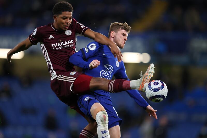 epa09210431 Leicester's Wesley Fofana (L) in action against Chelsea's Timo Werner (R) during the English Premier League soccer match between Chelsea FC and Leicester City in London, Britain, 18 May 2021.  EPA/Catherine Ivill / POOL EDITORIAL USE ONLY. No use with unauthorized audio, video, data, fixture lists, club/league logos or 'live' services. Online in-match use limited to 120 images, no video emulation. No use in betting, games or single club/league/player publications.