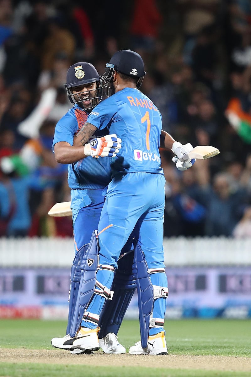 Rohit Sharma hit the last two balls of the super over for sixes to secure victory in the super over against New Zealand in the Hamilton T20. Getty Images