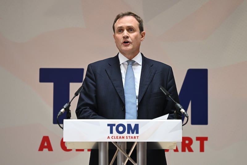 Tom Tugendhat delivers the first speech of his Conservative Party leadership campaign in London. Getty 