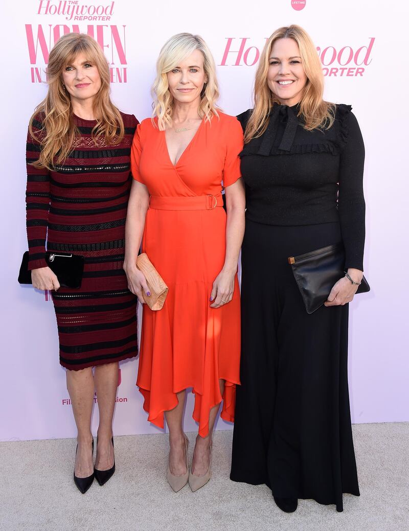Connie Britton in Bottega Veneta, and Chelsea Handler and Mary McCormack at The Hollywood Reporter's Women in Entertainment Breakfast Gala. AP