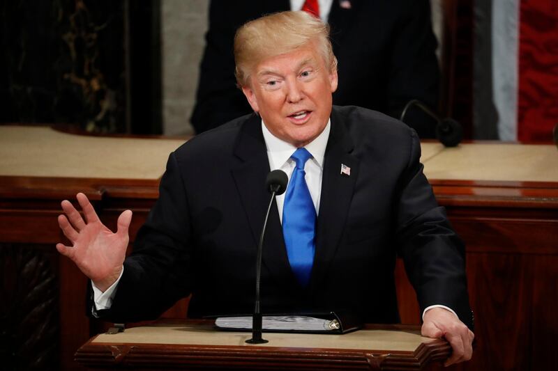FILE - In this Jan. 30, 2018, file photo, President Donald Trump delivers his State of the Union address to a joint session of Congress on Capitol Hill in Washington. (AP Photo/Pablo Martinez Monsivais, File)