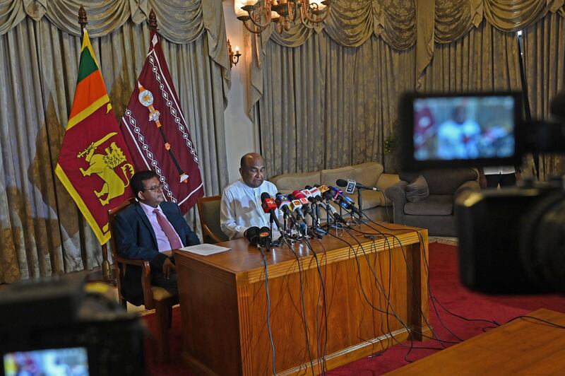 Parliamentary Speaker Mahinda Yapa Abeywardena addresses the media in Colombo. AFP