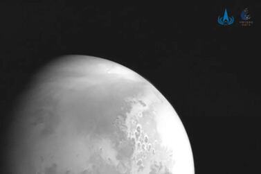 China released a grayscale image of Mars taken by its Tianwen-1 spacecraft, which is set to arrive at the planet on February 10. Courtesy: China National Space Administration 