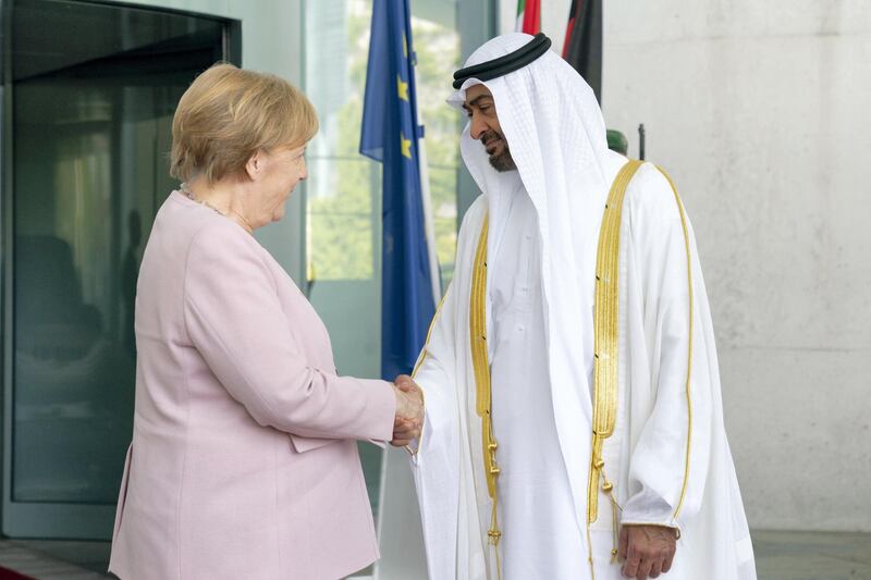 BERLIN, GERMANY - June 12, 2019: HH Sheikh Mohamed bin Zayed Al Nahyan, Crown Prince of Abu Dhabi and Deputy Supreme Commander of the UAE Armed Forces (R), is received by HE Angela Merkel, Chancellor of Germany (L), at the Chancellor's Office in Berlin, Germany.

( Mohamed Al Hammadi / Ministry of Presidential Affairs )
---