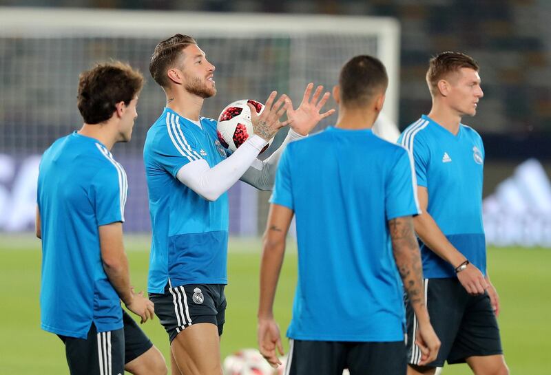 Abu Dhabi, United Arab Emirates - December 21, 2018: Sergio Ramos of Real Madrid trains ahead of the Fifa Club World Cup final. Friday the 21st of December 2018 at the Zayed Sports City Stadium, Abu Dhabi. Chris Whiteoak / The National