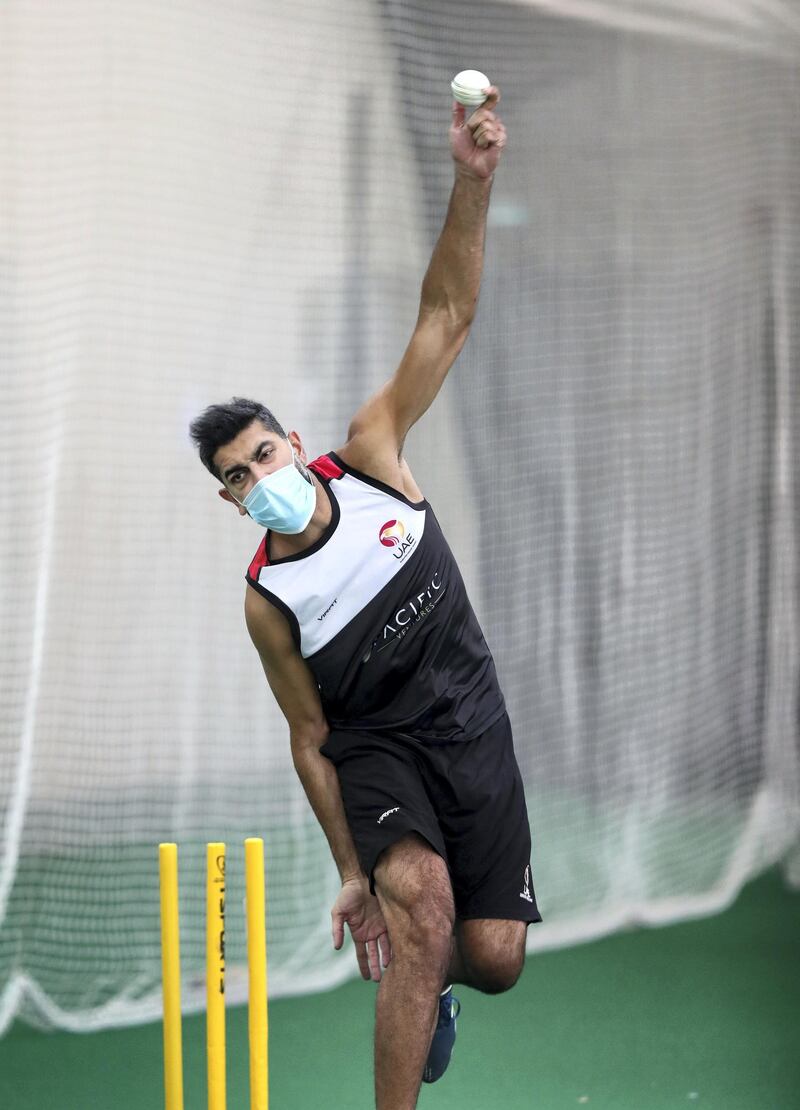 Dubai, United Arab Emirates - Reporter: Paul Radley. Sport.  Captain Ahmed Raza bowls. The UAE cricket team are back at training at the ICC academy after the government have eased restrictions due to Coivd-19/Coronavirus. Sunday, June 7th, 2020. Dubai. Chris Whiteoak / The National