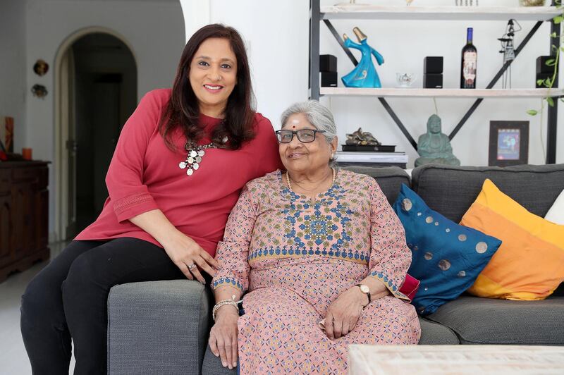 DUBAI, UNITED ARAB EMIRATES , August 24 – 2020 :- Kamini Kannan with her 77 years old mother Lalitha Venkataraman at her villa in Jumeirah 1 in Dubai. Kamini was stuck in Bangalore, India for more than four months when international borders were shut because of COVID 19. She started a Telegram group with more than 1,200 UAE residents who wanted to return to the Emirates. (Pawan Singh / The National) For News/Online. Story by Ramola