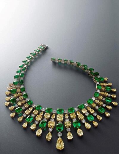 The extravagant necklace features 380 carats of intense yellow diamonds with rare Colombian green emeralds. Courtesy Samer Halimeh