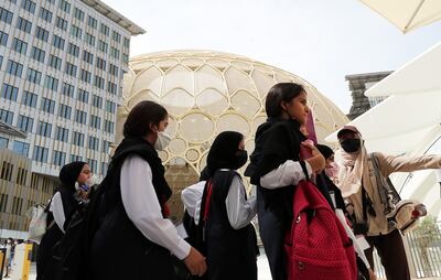 Pupils from a government-run school visit Expo 2020 Dubai. There will be renewed emphasis on improving the public education system, which is largely attended by Emiratis. Pawan Singh / The National