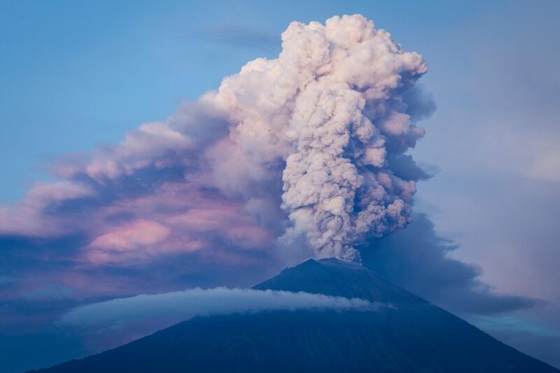 Mount Agung during an eruption while spewing volcanic ash into the sky on November 28, 2017 in Karangasem, Island of Bali, Indonesia. Andri Tambunan / Getty Images