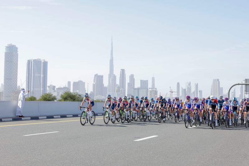 Sheikh Mohammed bin Rashid greets cyclists at the inaugural UAE Tour Women in Dubai. Wam