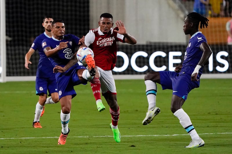 Gabriel Jesus tries to control the ball between Chelsea defenders Thiago Silva, left, and Trevoh Chalobah. AP