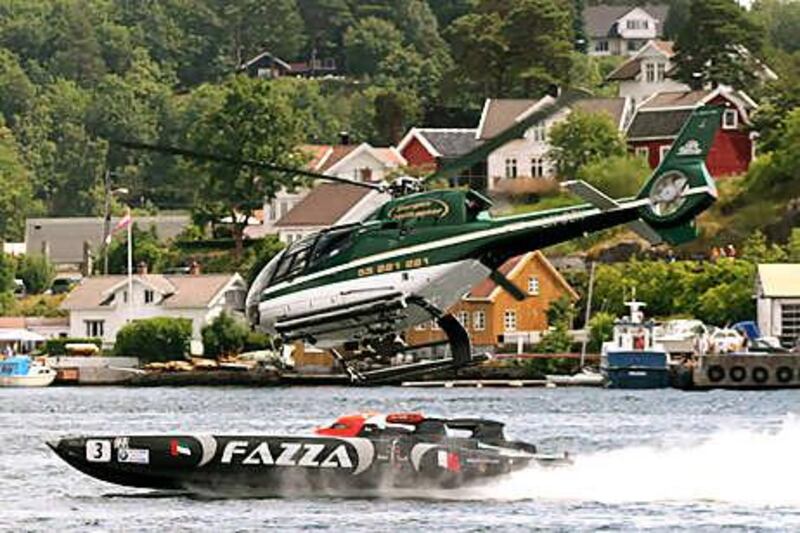 Class 1 Powerboat World Champions Arif al Zafeen and Nader bin Hendi of the UAE roar through the waters in Norway.