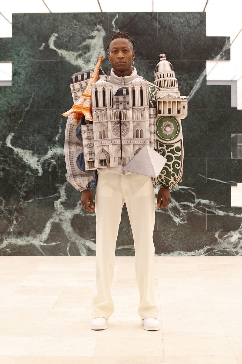 As part of the autumn/winter 2021 Louis Vuitton collection, Virgil Abloh created a jacket using famous Parisian landmarks. Photo: Louis Vuitton