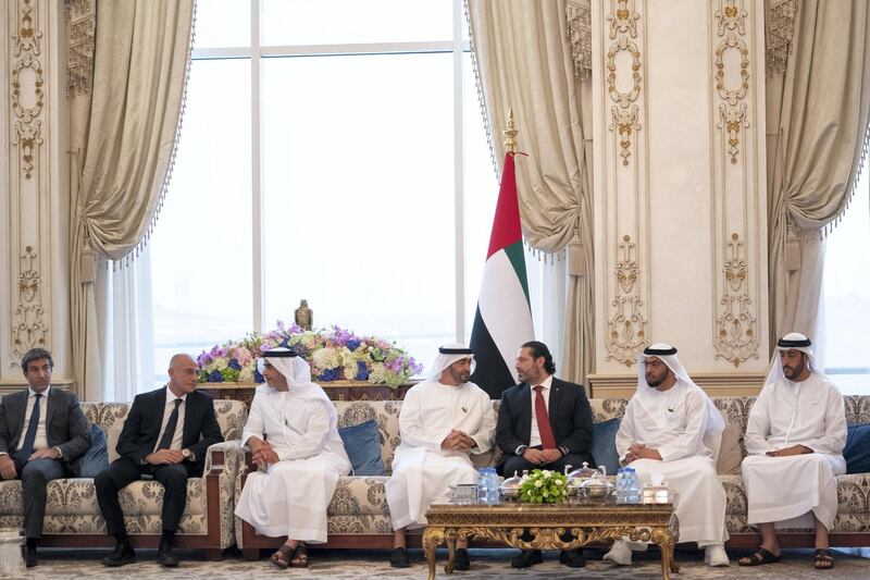 ABU DHABI, UNITED ARAB EMIRATES - October 07, 2019: HH Sheikh Mohamed bin Zayed Al Nahyan, Crown Prince of Abu Dhabi and Deputy Supreme Commander of the UAE Armed Forces (4th R) receives HE Saad Hariri, Prime Minister of Lebanon (3rd R), during a Sea Palace barza. Seen with HH Lt General Sheikh Saif bin Zayed Al Nahyan, UAE Deputy Prime Minister and Minister of Interior (5th R), HH Sheikh Hamdan bin Zayed Al Nahyan, Ruler’s Representative in Al Dhafra Region (2nd R) and HH Sheikh Rashid bin Saud bin Rashid Al Mu'alla, Crown Prince of Umm Al Quwain (R).

( Mohamed Al Hammadi / Ministry of Presidential Affairs )
---