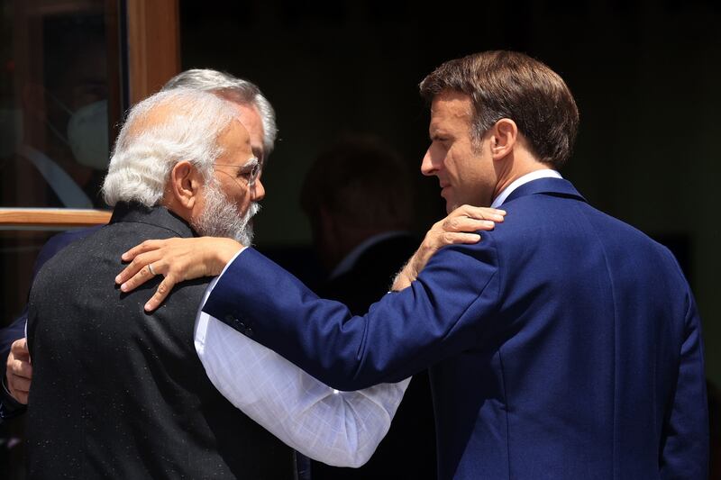 Narendra Modi, India's prime minister, left, and Emmanuel Macron, France's president, at the G7 leaders' summit in June.  Bloomberg