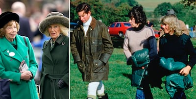 Left: Queen Camilla and Lady Sarah Keswick at Cheltenham Racecourse this week. Right: The then Prince Charles and Camilla with Lady Sarah Keswick In 1979. PA; Getty Images