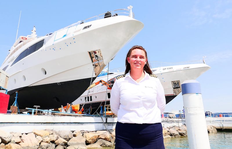 Patricia Caswell, the only female boat captain in the UAE, one of only a few hundred worldwide at the Gulf Craft in Umm Al Quwain on April 28,2021. Pawan Singh / The National