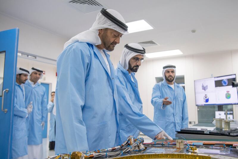 DUBAI, UNITED ARAB EMIRATES - April 12, 2017: HH Sheikh Mohamed bin Zayed Al Nahyan, Crown Prince of Abu Dhabi and Deputy Supreme Commander of the UAE Armed Forces (L) and HH Sheikh Mohamed bin Rashid Al Maktoum, Vice-President, Prime Minister of the UAE, Ruler of Dubai and Minister of Defence (2nd L), tour the Mohammed bin Rashid Space Centre (MBRSC).
( Hamad Al Kaabi / Crown Prince Court - Abu Dhabi )
--- *** Local Caption ***  20170412HKDSC_6025.JPG