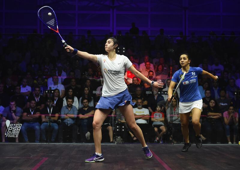 DUBAI, UNITED ARAB EMIRATES - JUNE 09:  Nour El Sherbini of Egypt (L) competes against Raneem El Welily of Egypt (R) during the women's final match of the PSA Dubai World Series Finals 2018 at Emirates Golf Club on June 9, 2018 in Dubai, United Arab Emirates.  (Photo by Tom Dulat/Getty Images)