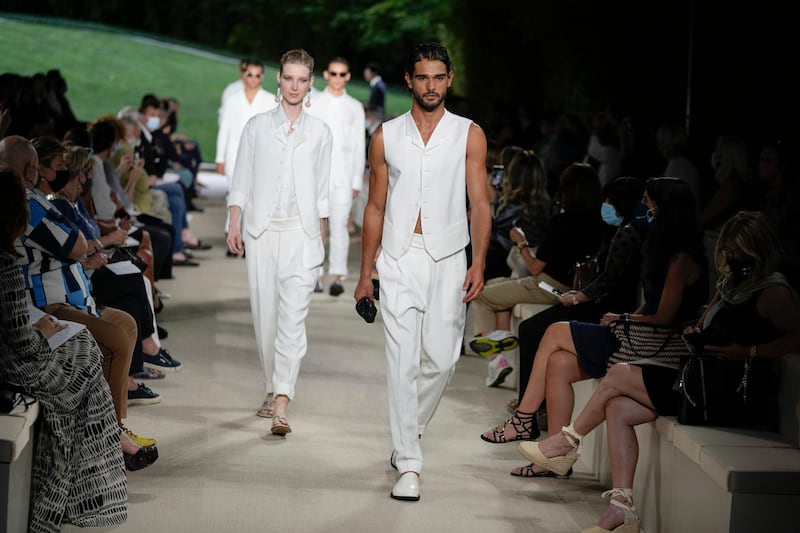 A model walks the runway during the Giorgio Armani show at Milan Men's Fashion Week on June 21, 2021 in Milan, Italy. AFP