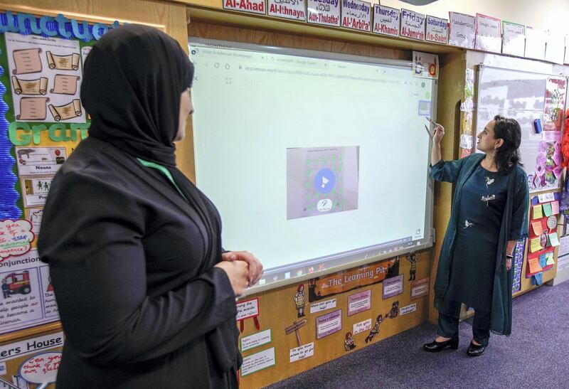 Abu Dhabi, United Arab Emirates, March 19, 2020.  
   Private schools in UAE gear up for for remote learning and challengest hey will face. (right)
Teacher, Taira Astab during an online lecture at the Al Yasmina Academy.
Victor Besa / The National
Reporter:   Anam Rizvi
Section:  NA