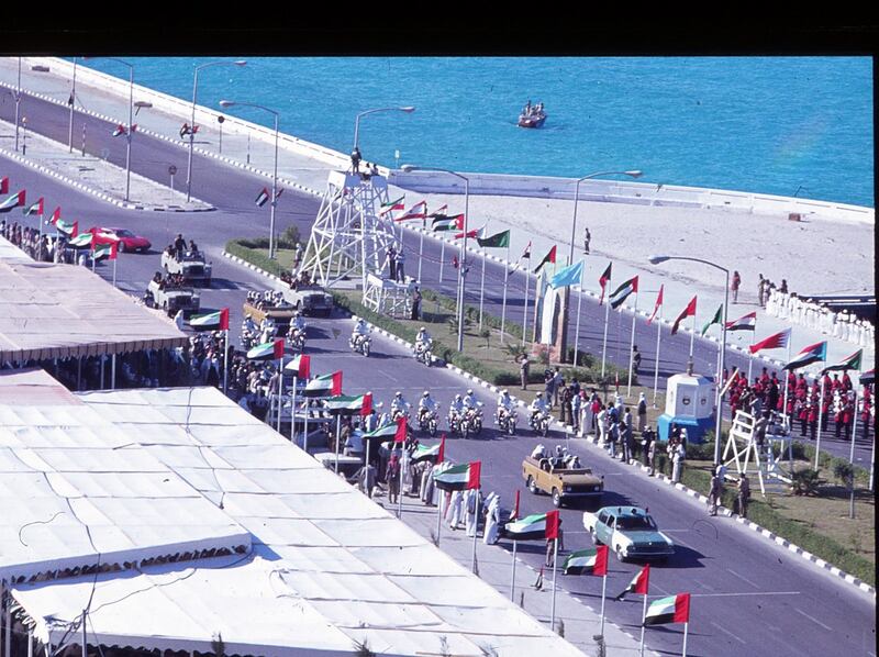 The UAE celebrates its second Union Day, then known as National Day, in 1973, with a parade along the old Corniche in Abu Dhabi. Photo: Peter Alves