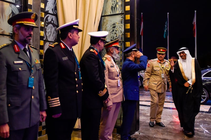 Mohammed al-Ayash (R), Saudi Arabia’s assistant Minister for Defense, arrives for the opening of the 15th Manama Dialogue.  AFP