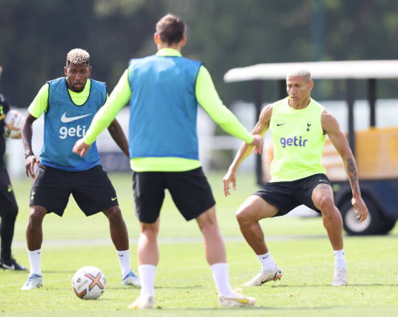Emerson Royal, left, and Richarlison of Tottenham take part in training exercises. Getty Images
