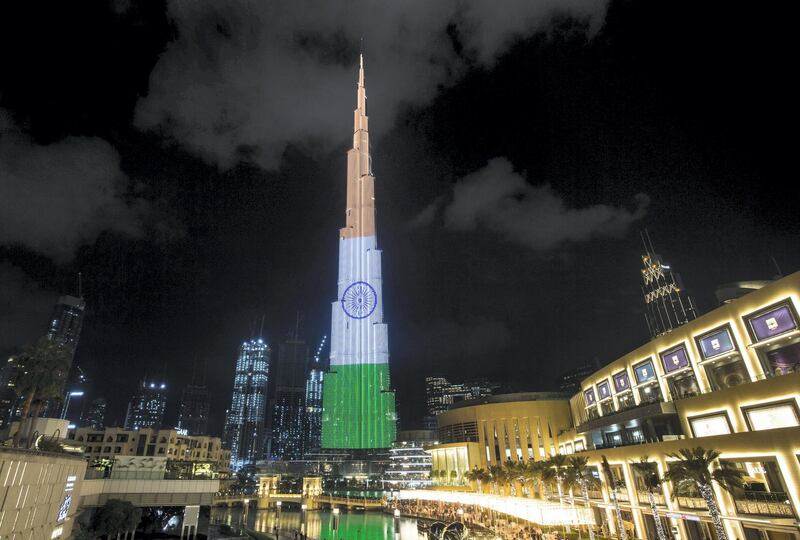 Dubai, United Arab Emirates - Indian Flag lit up Burj Khalifa.  Leslie Pableo for The National