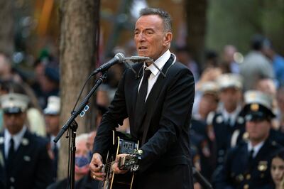 Bruce Springsteen performs during a ceremony to commemorate the 20th anniversary of the 9/11 terrorist attack in New York. The rock singer is in talks to sell the rights to his recorded music and publishing catalogue. AP 