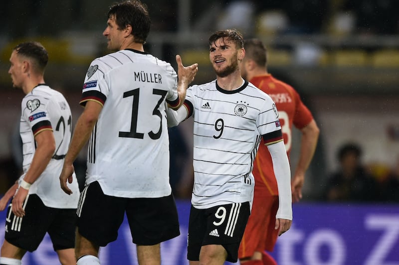 Germany forward Timo Werner celebrates after scoring his team's third goal against North Macedonia during their World Cup Qatar 2022 qualification Group J match at the Toshe Proeski National Arena in Skopje on October 11, 2021. AFP