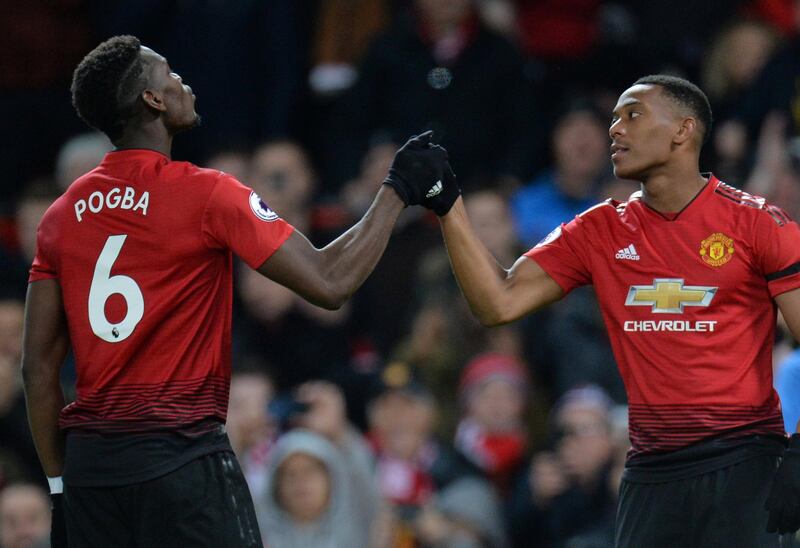 Manchester United's Anthony Martial celebrates scoring their second goal Pogba. Reuters