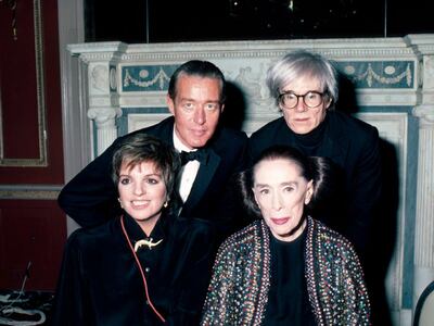 Fashion designer Halston with Andy Warhol, Diana Vreeland and Liza Minnelli. The designer's glittering life has been serialised. Courtesy Pinterest