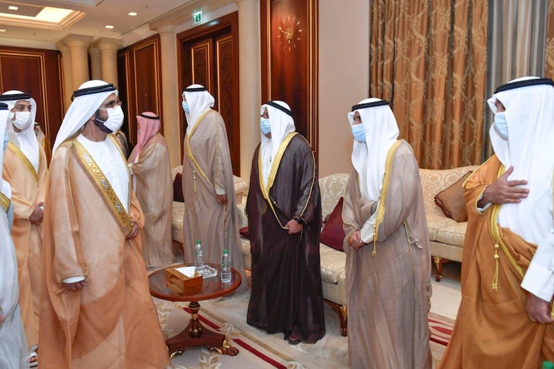 Sheikh Mohammed bin Rashid, Vice President and Ruler of Dubai, visits Kuwait to offer his condolences to the new emir, Sheikh Nawaf Al Ahmad, on the death of his brother, Sheikh Sabah Al Ahmad. Seen with Sheikh Mansour bin Zayed, Deputy Prime Minister and Minister of Presidential Affairs. Courtesy: Dubai Media Office