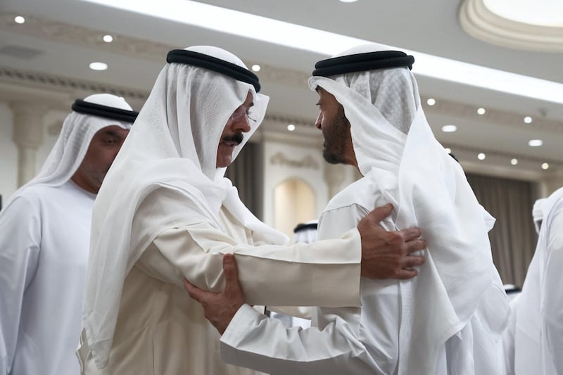ABU DHABI, UNITED ARAB EMIRATES - November 20, 2019: HE Mohammad Khalid Al Hamad Al Sabah Deputy Prime Minister and Minister of Interior of Kuwait (L) offers condolences to HH Sheikh Mohamed bin Zayed Al Nahyan, Crown Prince of Abu Dhabi and Deputy Supreme Commander of the UAE Armed Forces (R), on the passing of the late HH Sheikh Sultan bin Zayed Al Nahyan, at Al Mushrif Palace.

( Mohamed Al Hammadi / Ministry of Presidential Affairs )
---