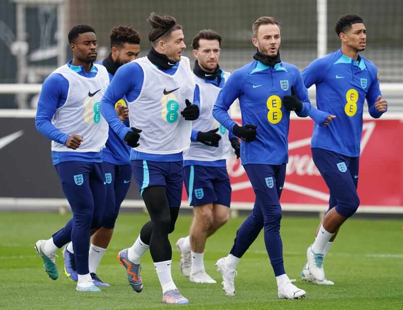 England's Jack Grealish and James Maddison at St George's Park. PA