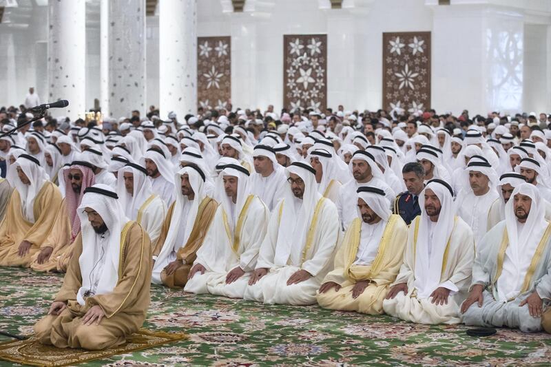 ABU DHABI, UNITED ARAB EMIRATES -September 01, 2017: HH Sheikh Mohamed bin Zayed Al Nahyan, Crown Prince of Abu Dhabi and Deputy Supreme Commander of the UAE Armed Forces (4th R), attends Eid Al Adha prayers at the Sheikh Zayed Grand Mosque. Seen are (R-L) HH Sheikh Mohamed bin Butti Al Hamed, HH Sheikh Suroor bin Mohamed Al Nahyan, HH Sheikh Saif bin Mohamed Al Nahyan, HH Sheikh Mohamed bin Zayed Al Nahyan, Crown Prince of Abu Dhabi and Deputy Supreme Commander of the UAE Armed Forces, HH Sheikh Hazza bin Zayed Al Nahyan, Vice Chairman of the Abu Dhabi Executive Council, HH Sheikh Nahyan Bin Zayed Al Nahyan, Chairman of the Board of Trustees of Zayed bin Sultan Al Nahyan Charitable and Humanitarian Foundation, HH Lt General Sheikh Saif bin Zayed Al Nahyan, UAE Deputy Prime Minister and Minister of Interior, HH Sheikh Tahnoon bin Zayed Al Nahyan, UAE National Security Advisor, and HH Sheikh Mansour bin Zayed Al Nahyan, UAE Deputy Prime Minister and Minister of Presidential Affairs. 
( Ryan Carter / Crown Prince Court - Abu Dhabi )
---