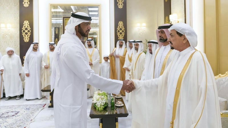 AJMAN, 15th June, 2018 (WAM) -- H.H. Sheikh Humaid bin Rashid Al Nuaimi, Supreme Council Member and Ruler of Ajman, this morning received Eid al-Fitr well-wishers at Al Zaher Palace, in the presence of H.H. Sheikh Ammar bin Humaid Al Nuaimi, Crown Prince of Ajman.

The visitors wished them well and for further progress and pride to the UAE and its people under the wise leadership of President His Highness Sheikh Khalifa bin Zayed Al Nahyan.

Sheikh Humaid bin Rashid and Sheikh Ammar bin Humaid also received Eid al-Fitr greetings from a number of Sheikhs, key officials in the government and private departments, top military and police officials, dignitaries, citizens and residents.

The reception was attended by Sheikh Ahmed bin Humaid Al Nuaimi, Ajman Ruler's Representative for Administrative and Financial Affairs, Sheikh Abdul Aziz bin Humaid Al Nuaimi, Chairman of Ajman Tourism Development Department, Sheikh Rashid bin Humaid Al Nuaimi, Chairman of the Ajman Municipality and Planning Department, Sheikh Dr. Majid bin Saeed Al Nuaimi, Chairman of the Ajman's Ruler Court, and a number of sheikhs and senior officials.