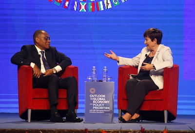 IMF Managing Director Kristalina Georgieva speaks with Ivorian Minister of Economy and Finance Adama Coulibaly during the official curtain-raising ceremony of the 2023 annual meetings of the IMF and the World Bank in Abidjan, Cote d'Ivoire. EPA