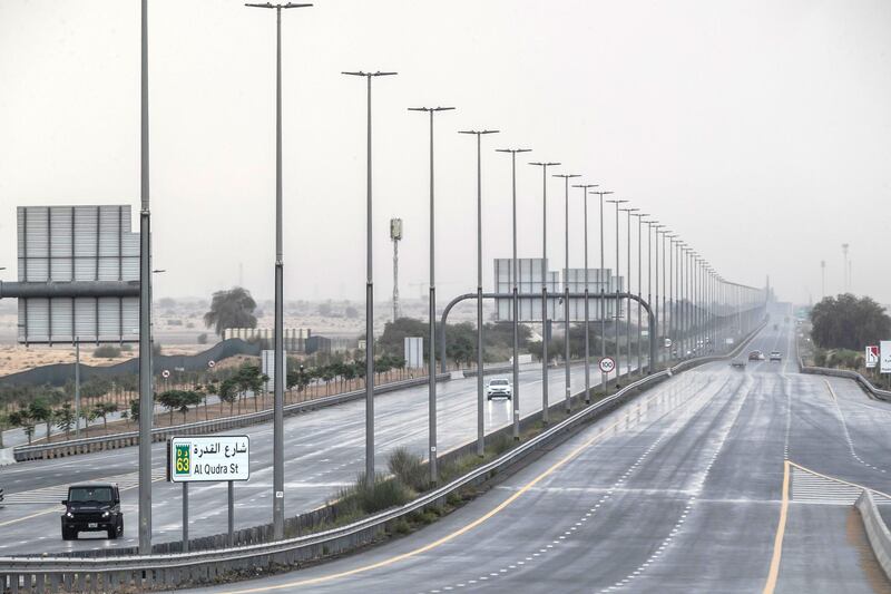 Rain along the Al Qudra area of Dubai on April 29 th, 2021. 
Antonie Robertson / The National.
Reporter: None for National.