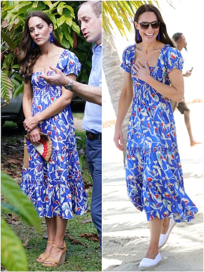 The Duchess of Cambridge wore a Tory Burch dress with different accessories for engagements in Belize on March 20, 2022. AFP, PA